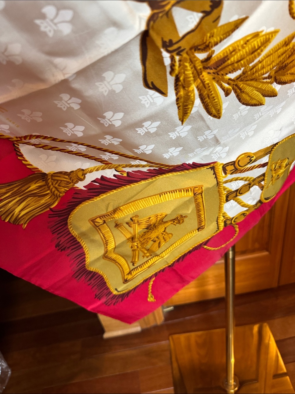 Celine Red, White and Mustard Gold Print Silk Scarf - Picture 4 of 6